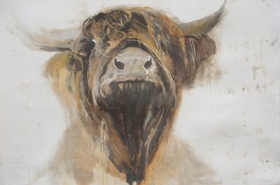 聖牛、2016、（ジェッソに油彩、紙） 作： Lou Gibbs