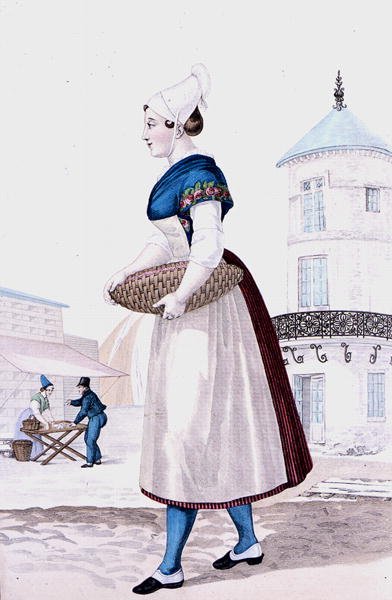 サン・ヴァレリー・アン・コーの伝統的な衣装、1820年頃ガティーヌの彫刻（カラー彫刻） 作： Louis Marie (after) Lante