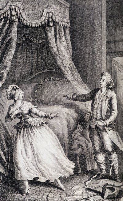 寝室のベッドの前にいるカップル - Restif de La Bretonne (1734-1806)の「Les francaises ou 34 examples chosen in the current mores fit to lead daughters, women, wives, mothers」（Binet作、ヌフシャテル）に掲載されています。 作： Louis (after) Binet