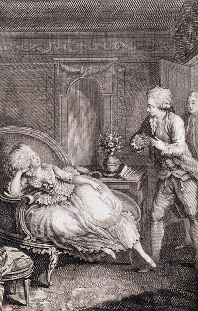 羊飼いの女性に愛を告げるジェンティルオム - Restif de La Bretonne (1734-1806)の「Les francaises ou 34 examples chosen in the current mores to lead daughters, wives, mothers」（Binet作、ヌーシャテル）に収録。 作： Louis (after) Binet