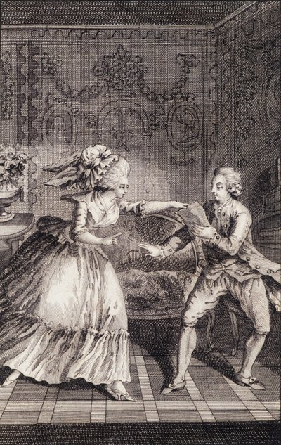 Le billet doux subtilisé (libertinage) - Restif de La Bretonne (1734-1806)の「Les francaises ou 34 examples chosen in current mores fit to lead daughters, women, wives, mothers」の中で、Binetが描いている。 作： Louis (after) Binet