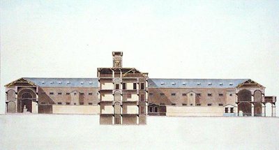 ブリュッセル新刑務所の断面図、ピエール・ジャック・ゲッヘッビュール著「Choix des Monuments, Edifices et Maisons les plus remarquables du Royaume des Pays-Bas」より、著者が彫ったもの、1827年発行（アクアチント）。 作： Louis (after) Damesme