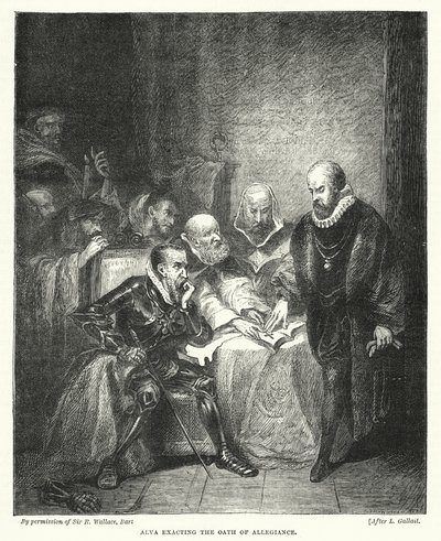 忠誠の誓いを立てるアルヴァ（刻印 作： Louis (after) Gallait