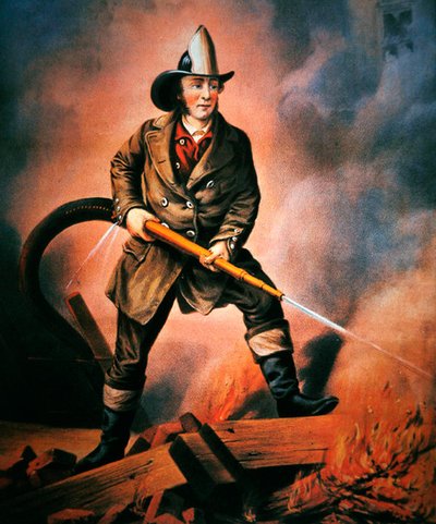 アメリカの消防士Currier & Ives社から出版された「Facing the Enemy」。 作： Louis (after) Maurer