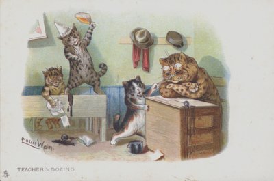 教室の中の猫：先生が居眠りしているので、生徒がいたずらをしている（クロモリソウ 作： Louis (after) Wain