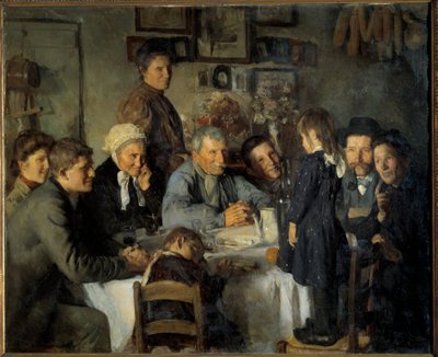 金婚式の農民の家族の食事。 ルイ・アドルフ・デシュノー (1868-1926) による絵画 1909 日。 1,66x2,03 m ディジョン、美術館 作： Louis Adolphe Dechenaud