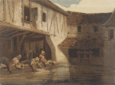 団地のオープンホールで水上で洗い物をする女性たち 作： Louis Adolphe Hervier (signed by artist)