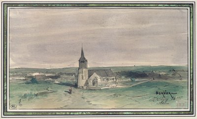 モンティニー、フィールドの真ん中にある教会と村、1866年（紙にペンとインクとトイレ） 作： Louis Adolphe Hervier