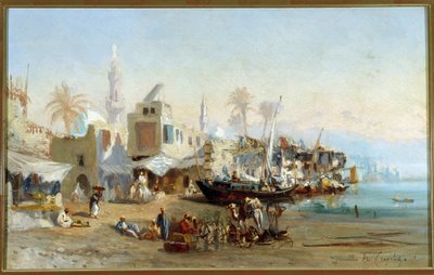漁師とエジプトのブーラック港のモスク Amable Louis Crapelet (1822-1867) による絵画。 41x64 cm 必須の言及: Regards de Provence ファンデーション コレクション、マルセイユ 作： Louis Amable Crapelet