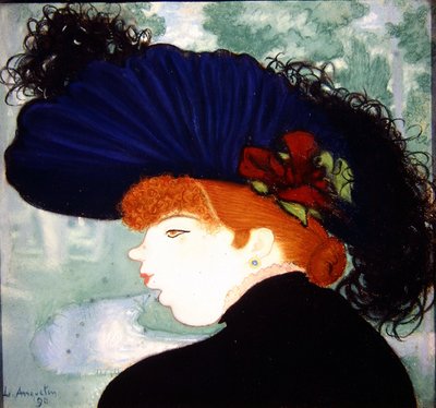 青い帽子をかぶった赤い髪の女性 作： Louis Anquetin