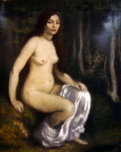 森の中で座っている若い女性 作： Louis Anquetin