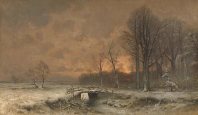 木々の後ろに夕日が沈む冬景色 作： Louis Apol