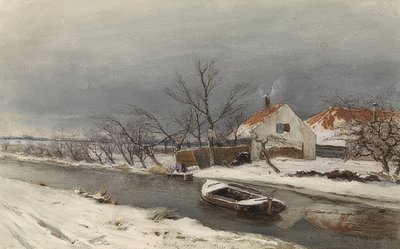 Winterlandschaft mitHäusernund einem Kanal（運河沿いの家のある冬景色） 1874 作： Louis Apol