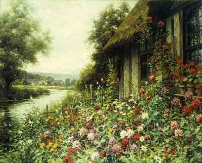 コテージの外に咲く花（キャンバスに油彩） 作： Louis Aston Knight