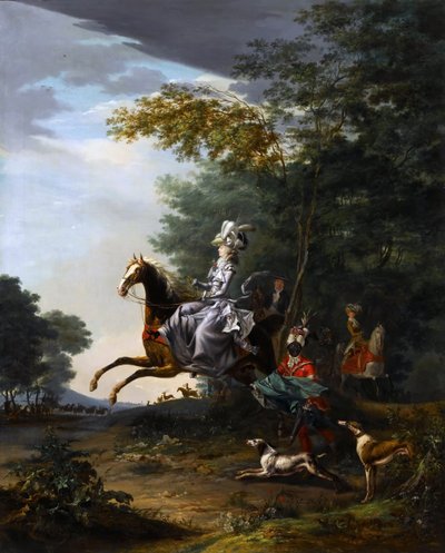 マリー・アントワネット 1755-1793 犬と一緒に狩りをする 作： Louis Auguste Brun de Versoix
