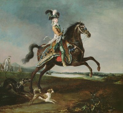 狩猟服装のマリーアントワネット（1755-93）の乗馬肖像、1783 作： Louis Auguste Brun or Brun de Versoix
