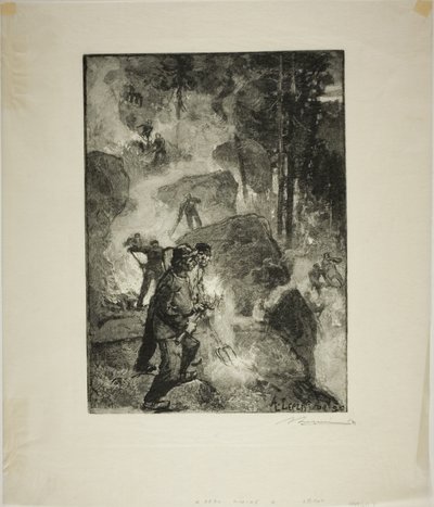 森のシダ焚き 作： Louis Auguste Lepère