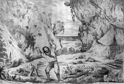 三度、足元の地面が震えた ダニエル・デフォー（De foe）著「ロビンソン・クルーソー」フランス版（1837年）のためのM.de Sainsonの絵の後のエングレーヴィング。 作： Louis Auguste de Sainson