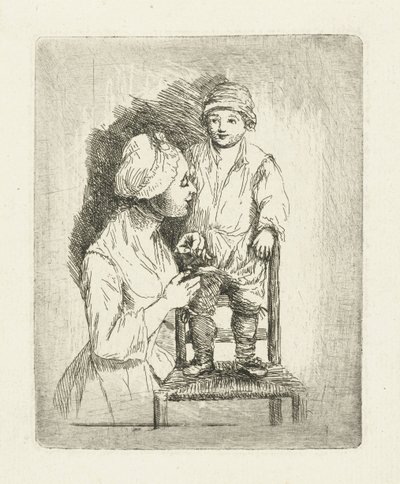 息子のズボンのボタンを留める母親 作： Louis Bernard Coclers