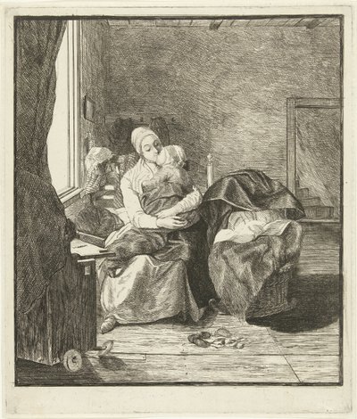 窓の前で眠っている子供を持つ母 作： Louis Bernard Coclers
