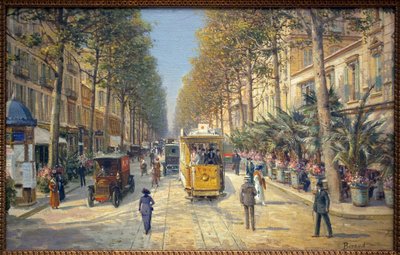 ニースのAvenue de la Gare（現在のvenue Jean Medecin）。左側にモリスの柱があります。ルイ・ベロー（1852-1930）の絵画、油彩・キャンバス、フランス美術、20世紀初頭。ニースのマセナ美術館。 作： Louis Beroud