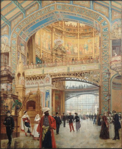 1889年、1890年にパリで開催された万国博覧会の機械ギャラリー。 作： Louis Beroud