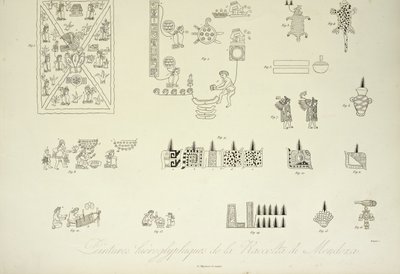 メンドーサコレクションの象形文字の絵、アレクサンドルフォンフンボルトとエイムボンプランドによるコルディジェラの景色とアメリカ先住民の記念碑のイラスト、1813 作： Louis Bouquet