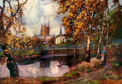 ヘレフォード大聖堂、川の散歩から、ヘレフォードシャー、1924-1926年。 作： Louis Burleigh Bruhl