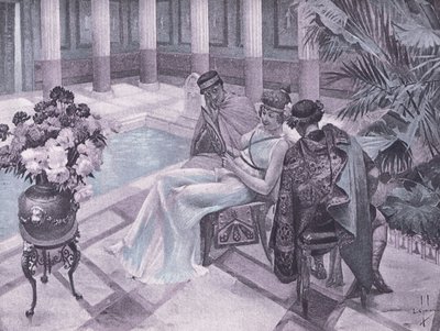 ボッカチオの『デカメロン』の挿絵「ティトゥスとギシプス」（ナバラ社刊）1930年代（リトグラフ）。 作： Louis Chalon