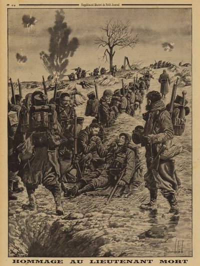 戦死した中尉に敬意を表するフランス兵たち（第一次世界大戦 作： Louis Charles (after) Bombled