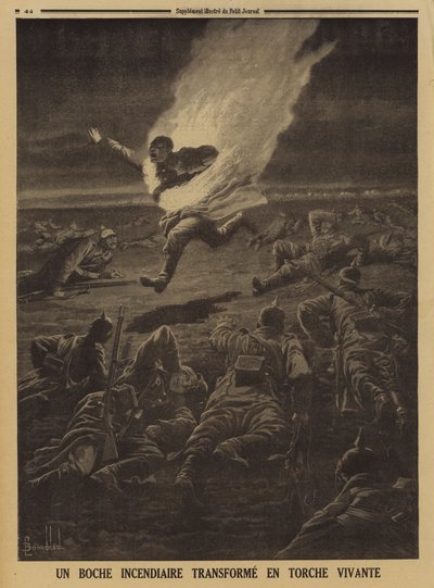 可燃物を持ったドイツ兵が夜戦で人間たいまつになった（第一次世界大戦 作： Louis Charles (after) Bombled