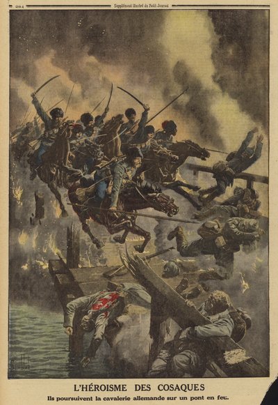 ストリーパ川に架かる燃える橋の上でドイツ騎兵を追うロシアのコサック（第一次世界大戦 作： Louis Charles (after) Bombled