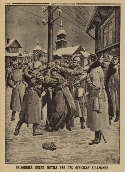 第一次世界大戦でドイツ軍将校に切断されたロシア人捕虜の遺体 作： Louis Charles (after) Bombled