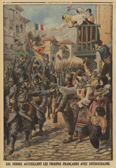 フランス軍の到着を熱烈に歓迎するセルビアの市民たち（第一次世界大戦 作： Louis Charles (after) Bombled