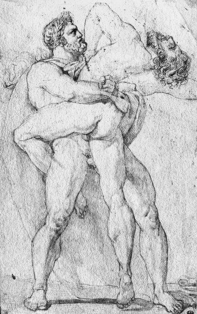 ヘラクレスの首を絞めるアンテウス（紙に黒鉛鉛筆） 作： Louis Charles Auguste Couder