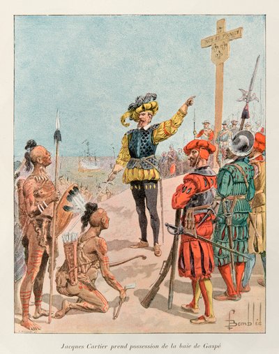 ボンブル・ルイ（1862 - 1927）；ジャック・カルティエ（1491 - 1557）は1534年にフランス王フランソワ1世に代わってカナダのガスプ湾を占領した（カルティエは自分が植えた十字架にフランスの紋章を指した）；Histoire de la Nouvelle 作： Louis Charles Bombled