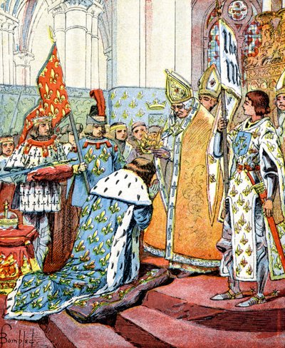 7月17日、フランス王シャルル7世がジョアン・オブ・アークの前で戴冠式を行う。 作： Louis Charles Bombled