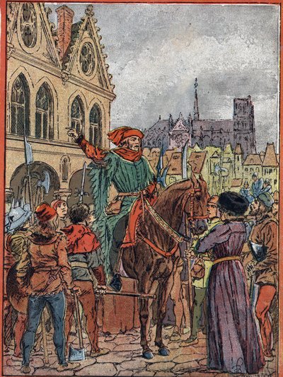 Etienne Marcel, prevot des marchands (1315-1358) 1357年7月、グレーブ広場のMaison des Pillarsを取得（パリの商人のプロボストである政治家エティエンヌ・マルセルは、いわゆるMaison aux Pillars（「柱の家」）を、パリの商人の名前で購入しました）。 作： Louis Charles Bombled