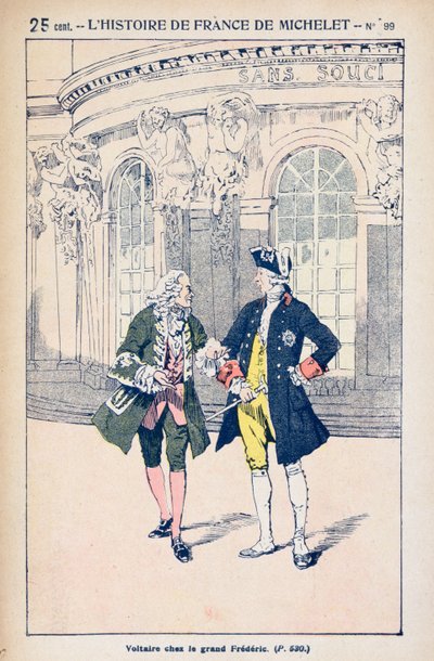 フランソワ・ヴォルテール（1694-1778）とプロシアのフレデリック2世（1712-86）がポツダム近郊のサンスーシで、ジュールミシュレ（1798-1874）c.1900の「フランスの歴史」より 作： Louis Charles Bombled