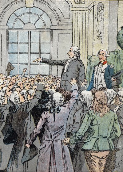 フランス革命。"The depute Jean Sylvain Bailly (1736-1793) was elected mayor of Paris on 15/07/1789 in presence of La Fayette" (政治指導者Jean-Sylvain Bailly elected as the mayor of Paris on 15/07/1789) Illustration by Louis Charles B 作： Louis Charles Bombled