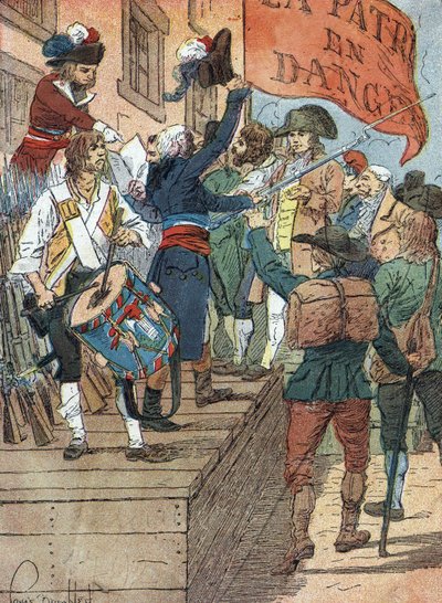 フランス革命戦争： 革命的なフランスと反革命的な君主国との間の戦争でフランスが敗北した後、フランス議会が祖国への危険を宣言する1792年7月22日）イラスト：ルイ・シャルル 作： Louis Charles Bombled