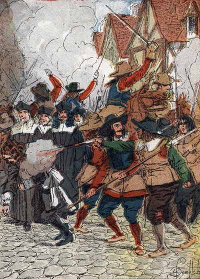 Fronde (1648-1653)：1652年7月4日の「藁の日」に市庁舎が燃やされ、パリ包囲網の終結を願ってルイ14世の支持者となった約30人の著名人が、労働者を装った兵士によって虐殺された - (Fronde r 作： Louis Charles Bombled
