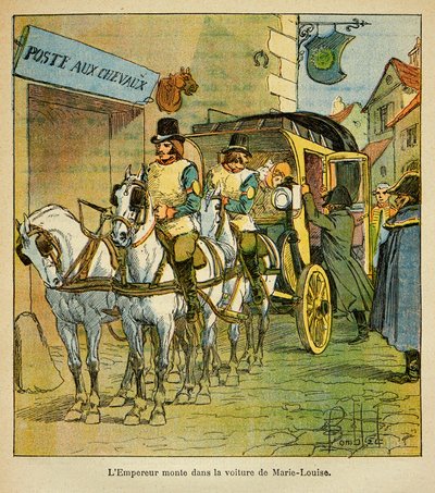 エマニュエル・ド・ラス・ケース伯爵（1766-1842）の著書『聖ヘレネの記念』からボンブル・ルイ（1862-1927）が描いたイラスト。1810年、皇帝ナポレオンが妻のマリー・ルイーズに会うために乗った車、プライベート・コレクション 作： Louis Charles Bombled