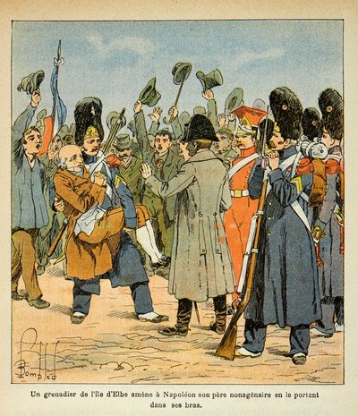 エマニュエル・ド・ラス・ケース伯爵（1766-1842）の著書『聖ヘレネの記念』からボンブル・ルイ（1862-1927）が描いたイラスト。擲弾兵がエルバ島から戻る際に、非正規雇用の父親を抱きかかえてナポレオンの元へ連れて行く、二等兵大佐 作： Louis Charles Bombled