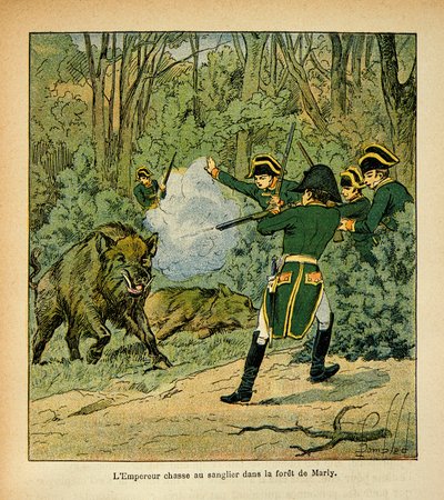 エマニュエル・ド・ラス・ケース伯爵（1766-1842）の著書『聖ヘレネの記念』からボンブル・ルイ（1862-1927）が描いたイラスト。マルリーの森でイノシシを狩る皇帝ナポレオン、個人蔵 作： Louis Charles Bombled