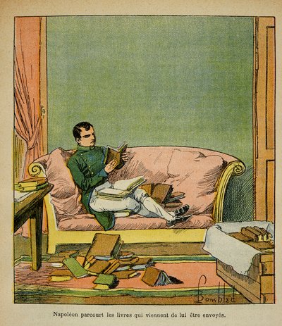 エマニュエル・ド・ラス・カース伯爵（1766-1842）の著書『サン・ヘレネの記念』からボンブル・ルイ（1862-1927）が描いたイラスト。サン・ヘレネに送られたばかりの本を見て回る皇帝ナポレオン、プライベート・コレクション 作： Louis Charles Bombled