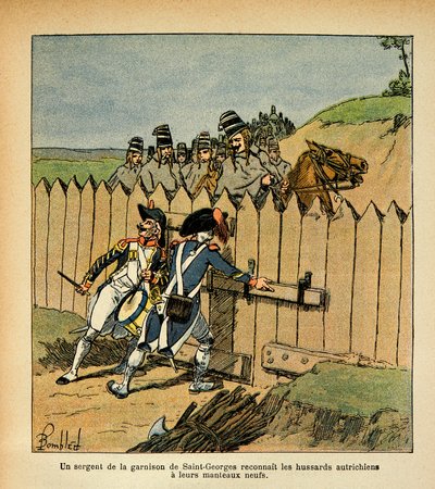 ボンブル・ルイ（1862-1927）が、エマニュエル・デ・ラスカセス伯爵（1766-1842）の著書『サン・ヘレネの記念』から描いたもの。イタリア遠征中、セント・ジョージ守備隊の軍曹は、新しいコートを着たオーストリア・ユサールを認め、Pr 作： Louis Charles Bombled