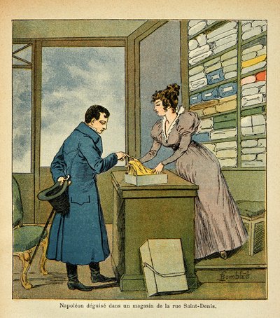 エマニュエル・ド・ラス・カース伯爵（1766-1842）の著書「サン・ヘレネの記念」からボンブル・ルイ（1862-1927）が描いたイラスト。サン・ドニ通りの店で変装した皇帝ナポレオン、個人蔵 作： Louis Charles Bombled