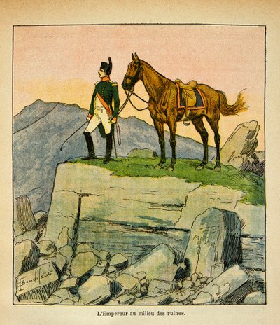 エマニュエル・ド・ラス・カース伯爵（1766-1842）の著書「サン・ヘレネの記念碑」からボンブル・ルイ（1862-1927）が描いたイラスト。遺跡の真ん中にいる皇帝ナポレオン 個人蔵 作： Louis Charles Bombled