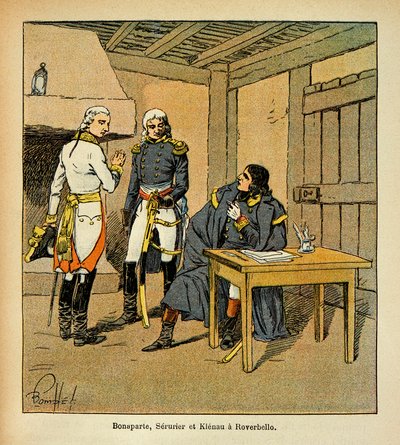 Emmanuel de Las Cases (1766-1842)伯爵の著書「The Memorial of Saint Helene」からBombled Louis (1862-1927)が描いたもの。ボナパルト、ジャン・マチュー・フィリベール・セルリエ（1742-1819）、ヨハン・フォン・クレナウ（1758-1819）は、イタリア・カ 作： Louis Charles Bombled